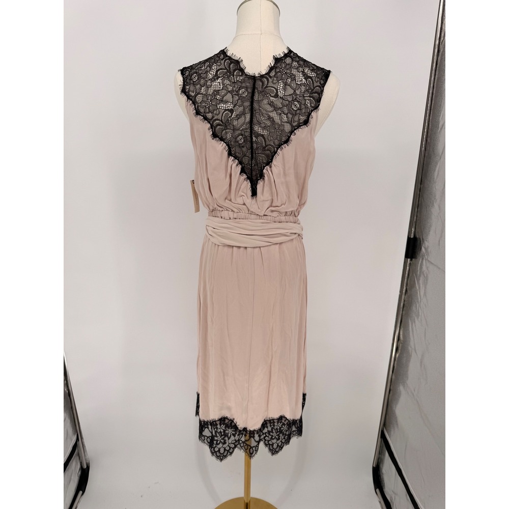 Anthropologie Satin Lace Wrap Dress Midi Pink Black Trim Tie‎ Waist  Women's M - Picture 6 of 9